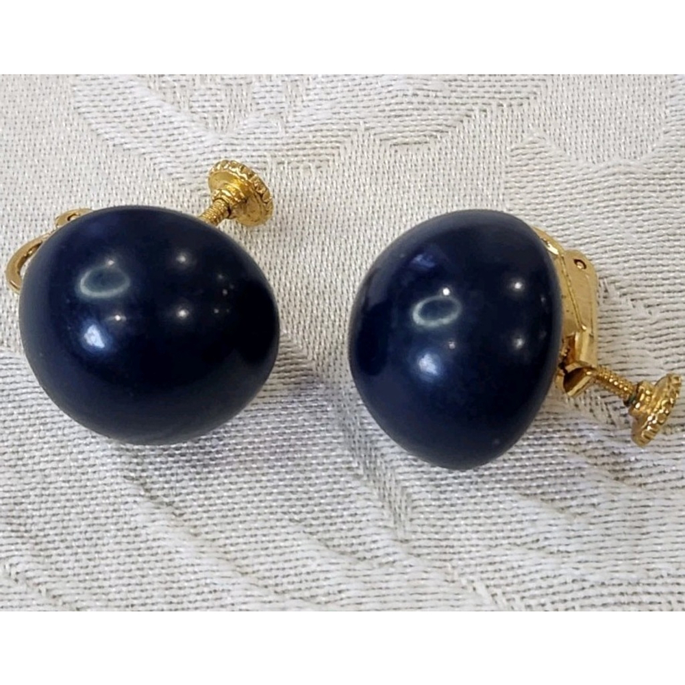 Vintage Marvella Gold Tone Navy Blue Clip On Earrings - Picture 3 of 5